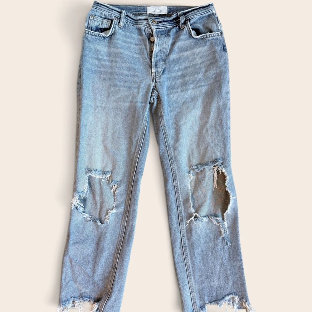 Free People Women’s S 25 Distressed Jeans Light Wash Ripped Straight Leg Raw Hem